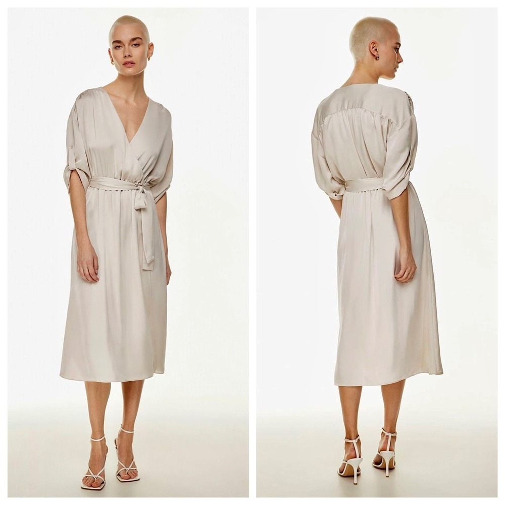 Babaton Aritzia Satin V-Neck Dress Womens Sz S Champagne Roll Tab Sleeve No Belt